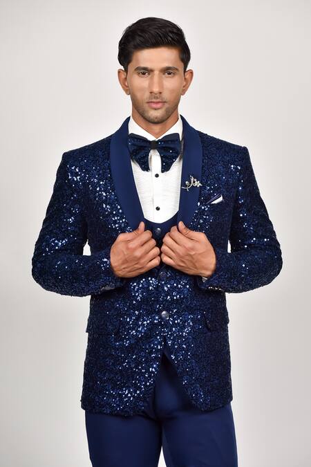 Soniya G_Blue Crepe, Handloom Cotton, Terrycloth Sequins Work Tuxedo Waistcoat Set_Online_at_Aza_Fashions