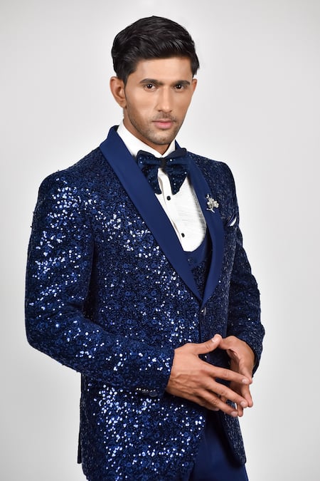 Buy_Soniya G_Blue Crepe, Handloom Cotton, Terrycloth Sequins Work Tuxedo Waistcoat Set_Online_at_Aza_Fashions