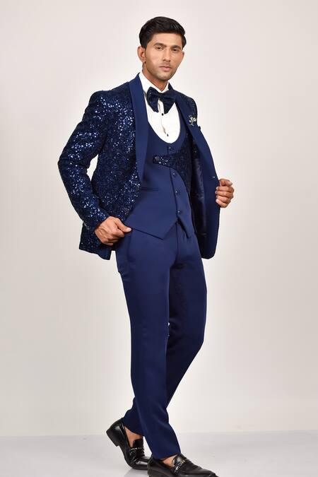 Shop_Soniya G_Blue Crepe, Handloom Cotton, Terrycloth Sequins Work Tuxedo Waistcoat Set_Online_at_Aza_Fashions