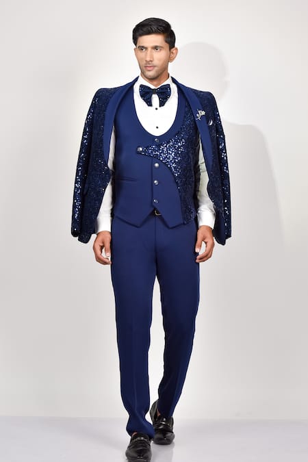 Soniya G_Blue Crepe, Handloom Cotton, Terrycloth Sequins Work Tuxedo Waistcoat Set_at_Aza_Fashions
