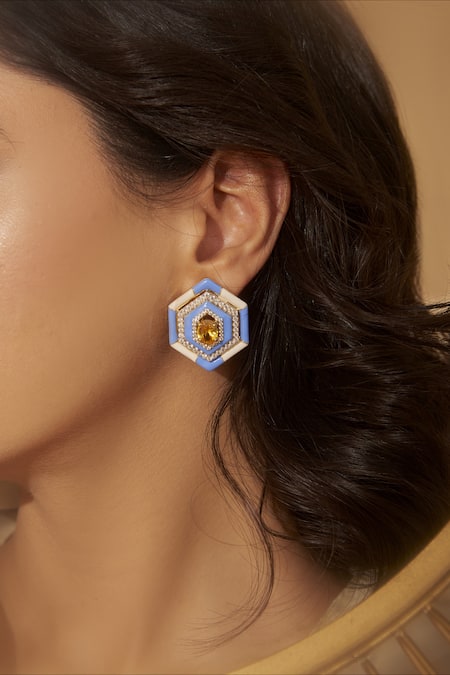 Janvi Sachdeva Design Hexagon Color Block Enameled Earrings 