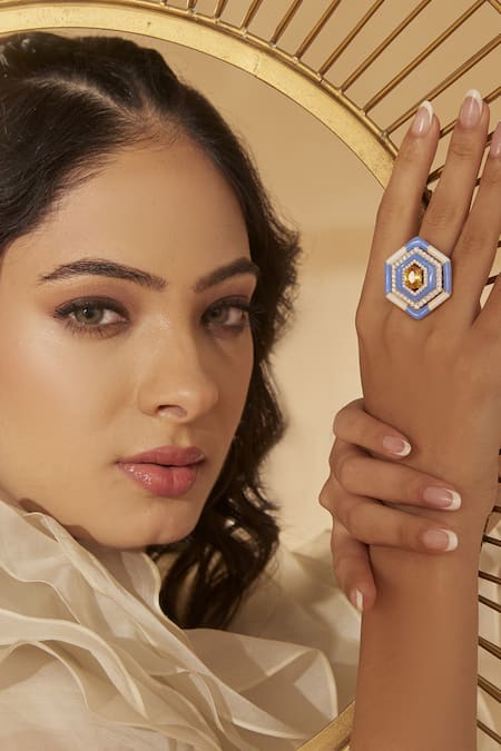 Janvi Sachdeva Design Hexagon Color Block Enameled Ring 