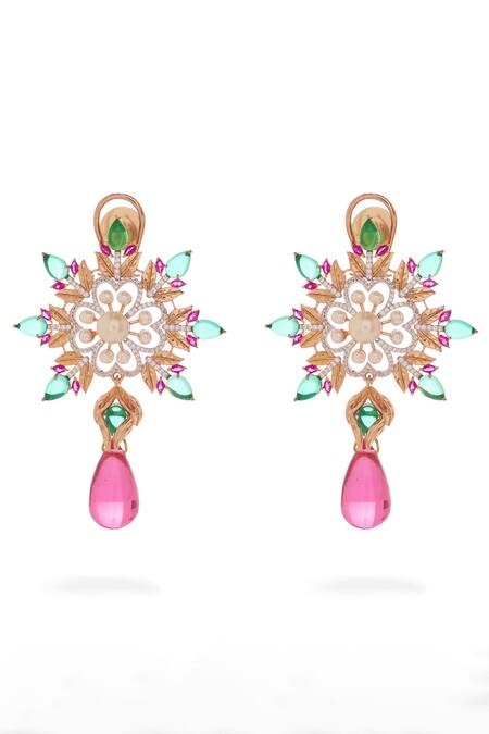 Janvi Sachdeva Design_Pink Crystals, Stones Floral Embellished Dangler Earrings _Online_at_Aza_Fashions