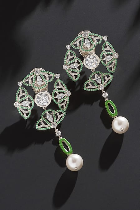 Janvi Sachdeva Design Green Semi Precious Gemstone Embellished Earrings 