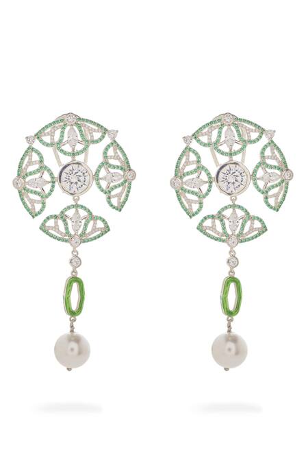 Janvi Sachdeva Design_Green Crystals, Diamonds, Stones Semi Precious Embellished Earrings _Online_at_Aza_Fashions