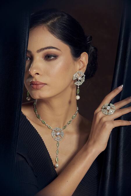 Buy_Janvi Sachdeva Design_Green Semi Precious Gemstone Embellished Necklace _Online_at_Aza_Fashions