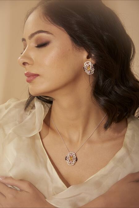 Janvi Sachdeva Design_Yellow Crystals, Diamonds Mughal Pattern Embellished Stud Earrings _Online_at_Aza_Fashions