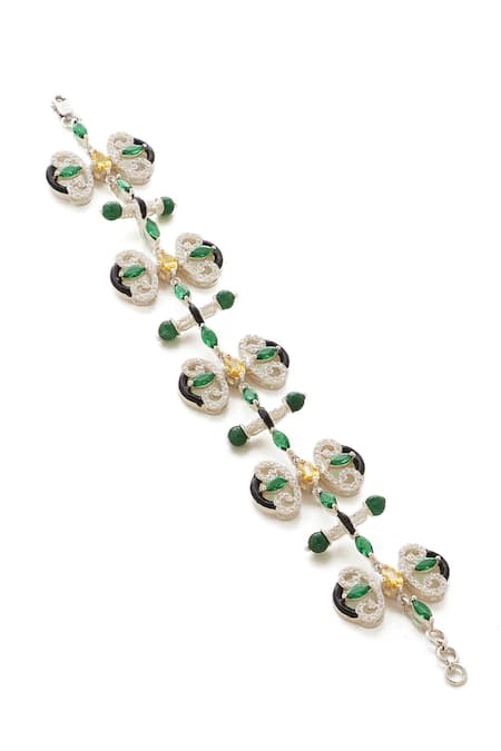 Janvi Sachdeva Design Green Semi Precious Gemstone Mughal Motif Encrusted Bracelet 