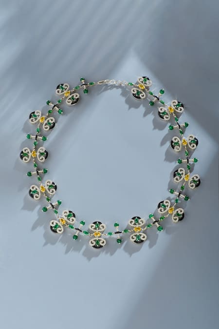 Janvi Sachdeva Design Green Semi Precious Gemstone Mughal Motif Encrusted Necklace 