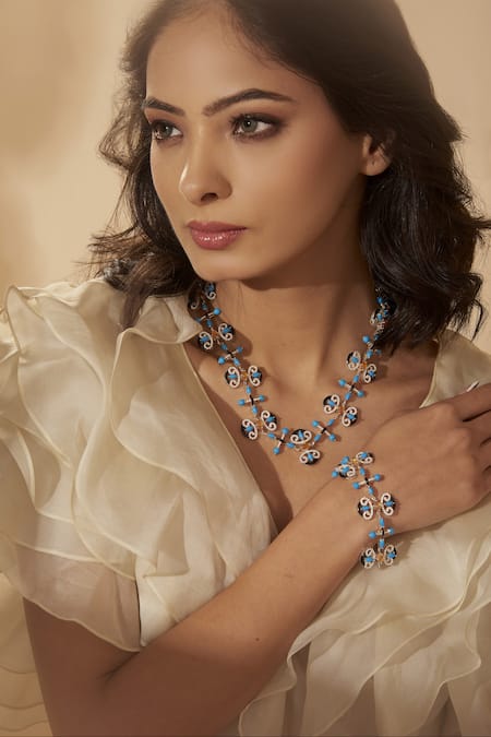 Janvi Sachdeva Design Blue Semi Precious Gemstone Mughal Motif Embellished Necklace 