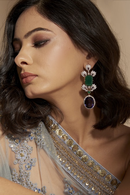 Janvi Sachdeva Design Green Semi Precious Gemstone Embellished Dangler Earrings