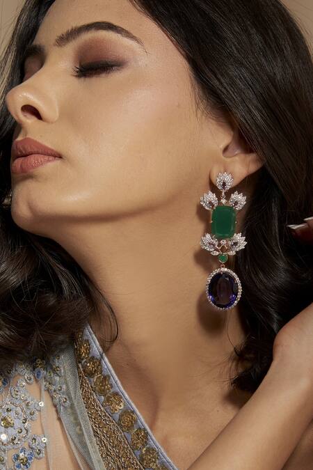 Janvi Sachdeva Design_Green Stones Embellished Dangler Earrings_Online_at_Aza_Fashions
