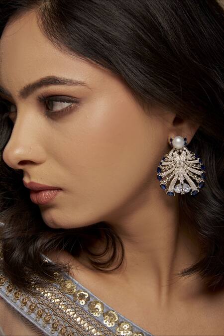 Janvi Sachdeva Design_Blue Crystals, Stones Embellished Earrings _Online_at_Aza_Fashions