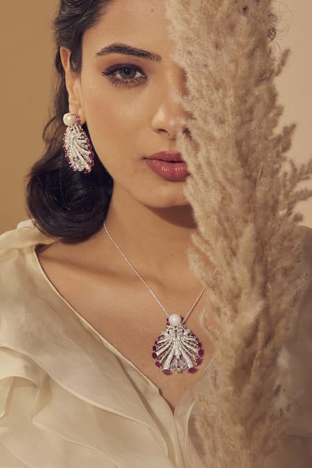Janvi Sachdeva Design_Red Crystals, Diamonds Cubic Zirconia Embellished Earrings _Online_at_Aza_Fashions