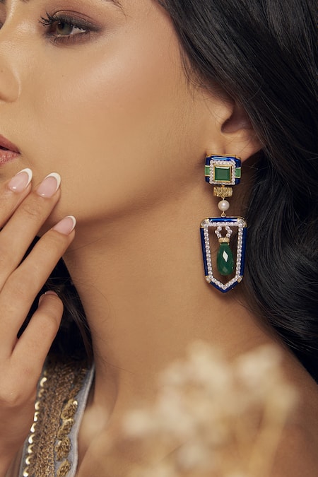 Janvi Sachdeva Design_Green Diamonds, Stones Cubic Zirconia Embellished Earrings _Online_at_Aza_Fashions