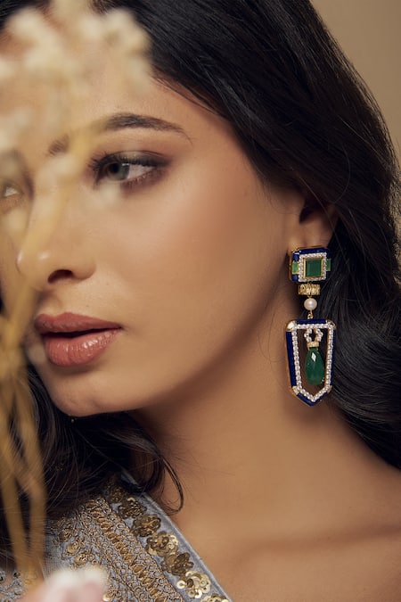 Buy_Janvi Sachdeva Design_Green Diamonds, Stones Cubic Zirconia Embellished Earrings _Online_at_Aza_Fashions