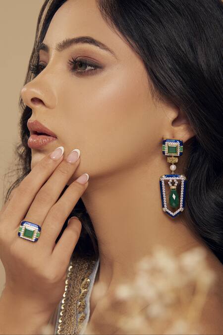 Janvi Sachdeva Design_Green Imitation Diamonds Cubic Zirconia Embellished Ring _Online_at_Aza_Fashions