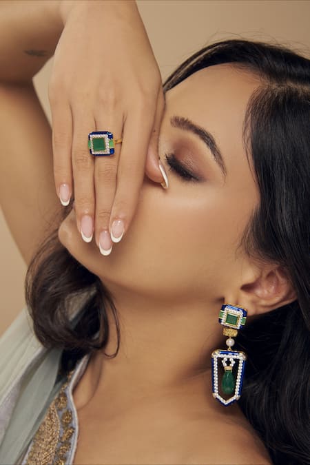 Buy_Janvi Sachdeva Design_Green Imitation Diamonds Cubic Zirconia Embellished Ring _Online_at_Aza_Fashions