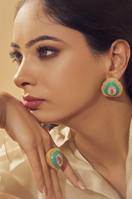 Buy_Janvi Sachdeva Design_Gold Plated Imitation Diamonds Cubic Zirconia Embellished Studs _Online_at_Aza_Fashions