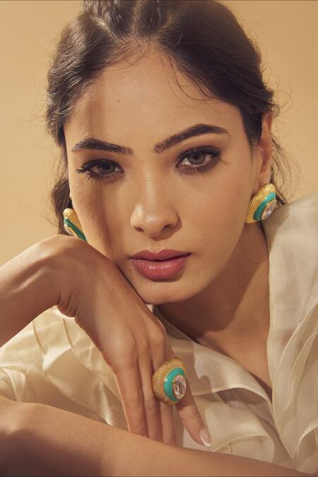 Janvi Sachdeva Design_Gold Plated Imitation Diamonds Cubic Zirconia Embellished Ring _Online_at_Aza_Fashions