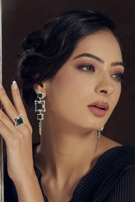 Buy_Janvi Sachdeva Design_Green Crystals, Diamonds Cubic Zirconia Embellished Earrings _Online_at_Aza_Fashions