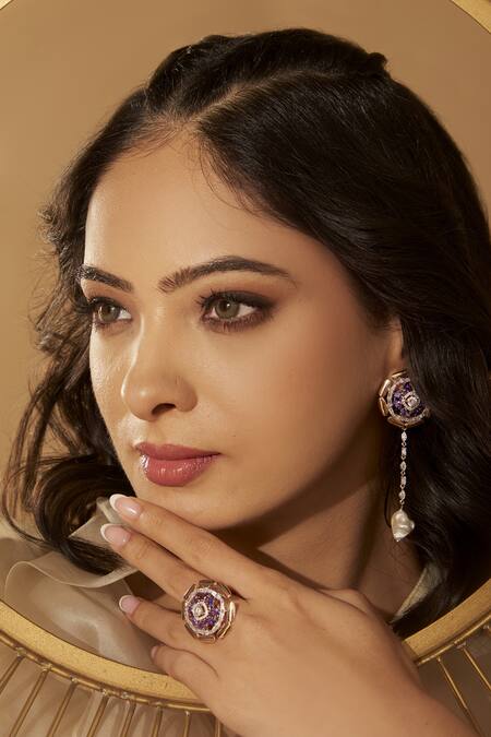 Janvi Sachdeva Design_Purple Imitation Diamonds Cubic Zirconia Embellished Ring _Online_at_Aza_Fashions