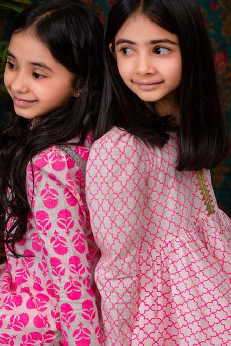 The Pony & Peony CO._Pink Cotton Fringe, Gota Patti Mughal Printed Peplum And Sharara Set _Online_at_Aza_Fashions