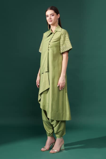Aakaar_Green Cotton, Silk Sequins, Beads Asymmetric Panel Kurta With Salwar Pant _Online_at_Aza_Fashions