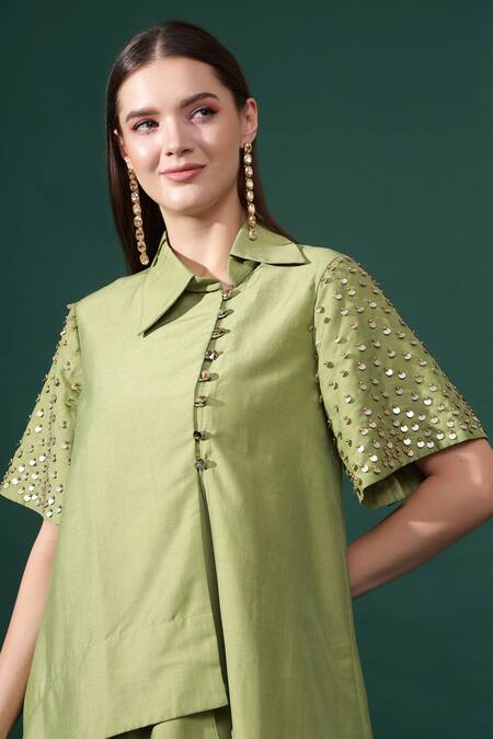 Shop_Aakaar_Green Cotton, Silk Sequins, Beads Asymmetric Panel Kurta With Salwar Pant _Online_at_Aza_Fashions