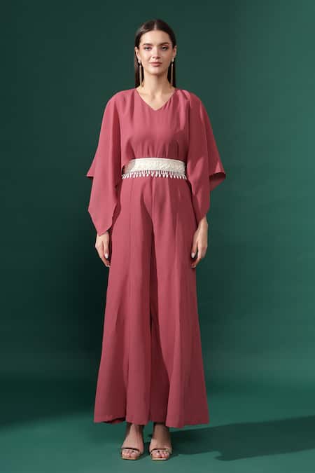 Aakaar_Pink Modal Sequins, Pearls V-neck Cut Sleeves Jumpsuit With Embroidered Belt _Online_at_Aza_Fashions