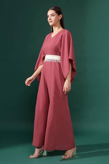 Buy_Aakaar_Pink Modal Sequins, Pearls V-neck Cut Sleeves Jumpsuit With Embroidered Belt _Online_at_Aza_Fashions