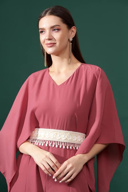 Shop_Aakaar_Pink Modal Sequins, Pearls V-neck Cut Sleeves Jumpsuit With Embroidered Belt _Online_at_Aza_Fashions