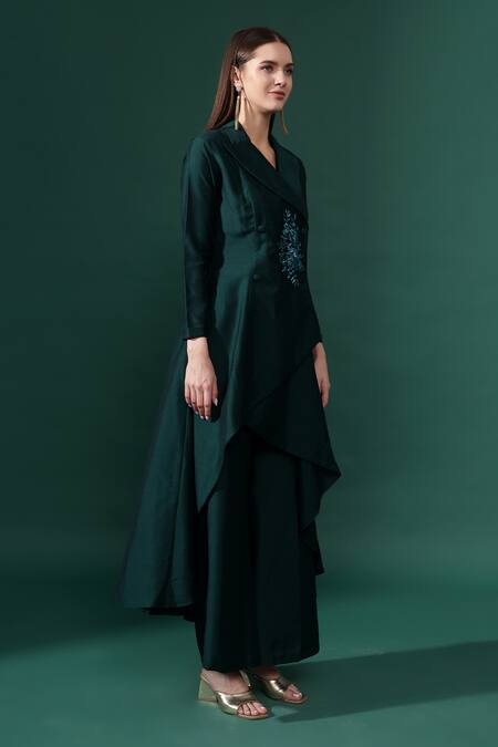 Aakaar_Green Cotton, Silk Crystal Flora Applique Blazer Kurta With Flared Pant _Online_at_Aza_Fashions