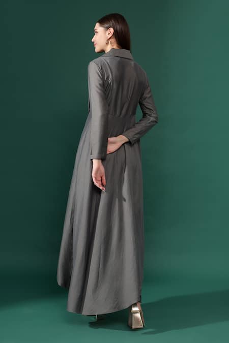 Shop_Aakaar_Grey Cotton, Silk Crystals Flora Applique Blazer Kurta With Pant_at_Aza_Fashions