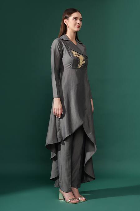 Aakaar_Grey Cotton, Silk Crystals Flora Applique Blazer Kurta With Pant_Online_at_Aza_Fashions