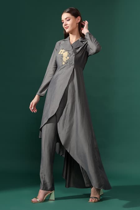 Buy_Aakaar_Grey Cotton, Silk Crystals Flora Applique Blazer Kurta With Pant_Online_at_Aza_Fashions