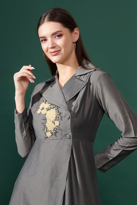 Shop_Aakaar_Grey Cotton, Silk Crystals Flora Applique Blazer Kurta With Pant_Online_at_Aza_Fashions