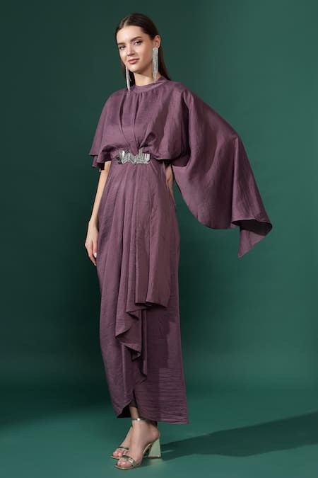 Aakaar_Purple Cotton, Silk Embroidery Round Metallic Embellished Pleated Draped Dress _Online_at_Aza_Fashions