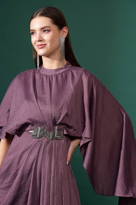 Buy_Aakaar_Purple Cotton, Silk Embroidery Round Metallic Embellished Pleated Draped Dress _Online_at_Aza_Fashions