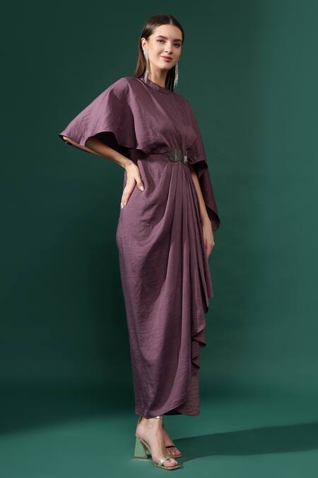 Shop_Aakaar_Purple Cotton, Silk Embroidery Round Metallic Embellished Pleated Draped Dress _Online_at_Aza_Fashions