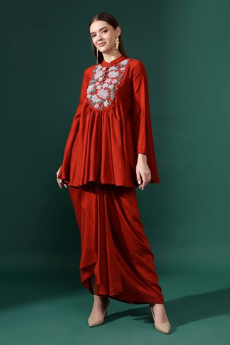 Buy_Aakaar_Orange Cotton, Silk Beads Blossom Embroidered Yoke Tunic Kurta With Draped Skirt_Online_at_Aza_Fashions