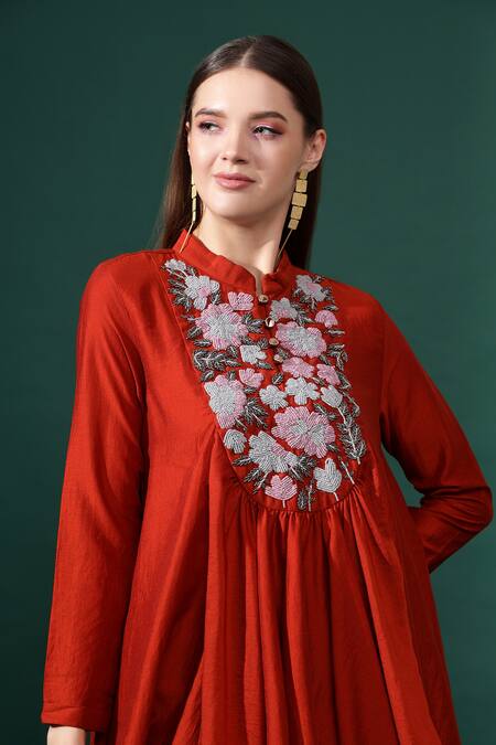 Shop_Aakaar_Orange Cotton, Silk Beads Blossom Embroidered Yoke Tunic Kurta With Draped Skirt_Online_at_Aza_Fashions