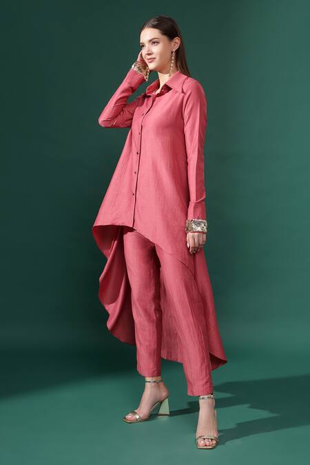 Aakaar_Pink Cotton, Silk Sequins Collared Embellished Cuffs Kurta With Pant _Online_at_Aza_Fashions