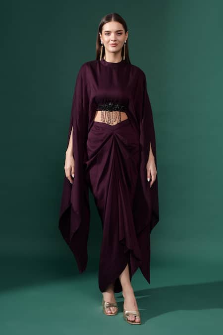 Aakaar Purple Moss Crepe Embroidery Floral Batwing Sleeves Crop Top With Draped Skirt