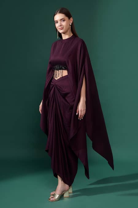 Aakaar_Purple Modal Crystals, Beads Round Batwing Sleeves Crop Top With Draped Skirt _Online_at_Aza_Fashions