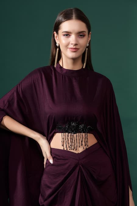 Buy_Aakaar_Purple Modal Crystals, Beads Round Batwing Sleeves Crop Top With Draped Skirt _Online_at_Aza_Fashions
