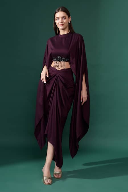 Shop_Aakaar_Purple Modal Crystals, Beads Round Batwing Sleeves Crop Top With Draped Skirt _Online_at_Aza_Fashions