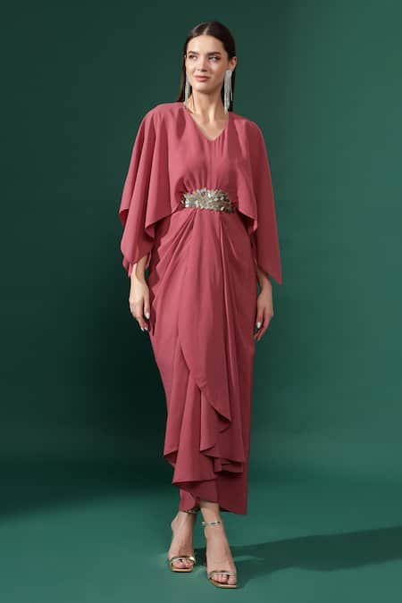 Aakaar Sara Embellished Cut Sleeves Draped Dress 