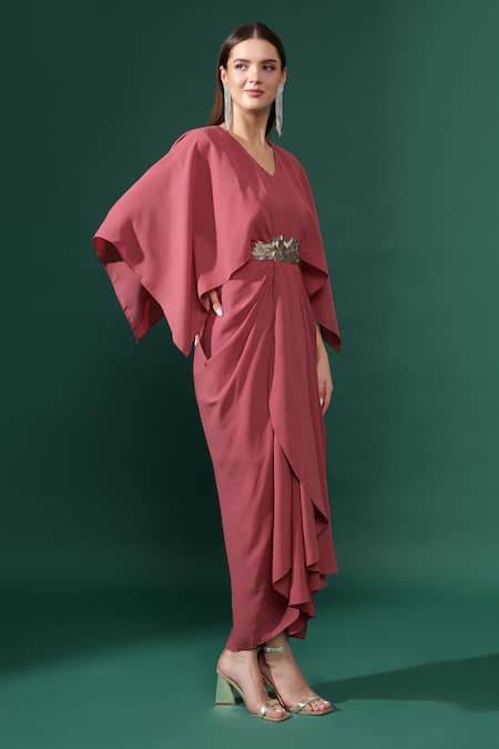 Aakaar_Pink Modal, Crepe V-neck Sara Embellished Cut Sleeves Draped Dress _Online_at_Aza_Fashions