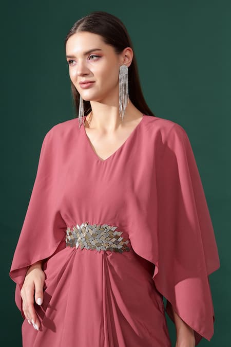 Buy_Aakaar_Pink Modal, Crepe V-neck Sara Embellished Cut Sleeves Draped Dress _Online_at_Aza_Fashions